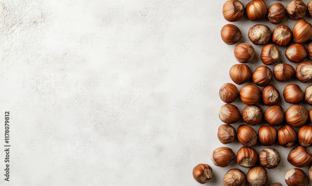 Poster hazelnuts arranged on textured surface showcasing natural brown tones and varying shell patterns