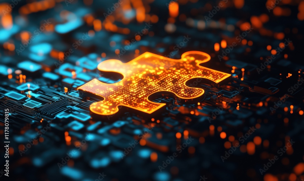 Poster puzzle piece glowing on circuit board background, symbolizing technology integration and problem-sol