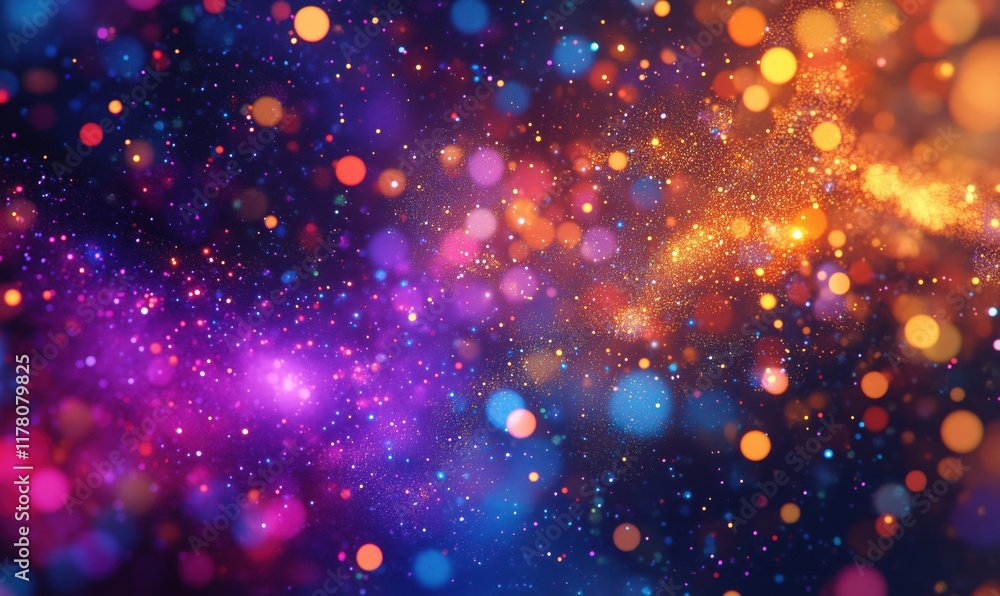 Poster colorful cosmic background with vibrant bokeh lights and sparkling particles, creating a dreamy and 
