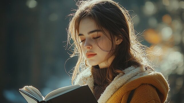 Young woman reading book outdoors in sunlight. - Powered by Adobe