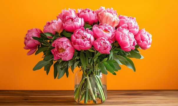 Vibrant Pink Peonies Bouquet in Glass Vase Against Bright Orange Background, Lush Green Leaves, Floral Arrangement, Spring Decor