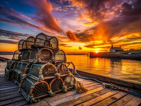 Silhouetted Lobster Traps on Anstruther Pier, Fife, Scotland
