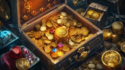 Game open pirate treasure chest with gold coin icon set. Money box with golden money stack ui store interface asset. Magic loot or bonus reward collection. Mystery wealth object with gem and diamond