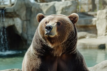 Obraz premium A large brown bear sits atop a rock, looking out at the surroundings