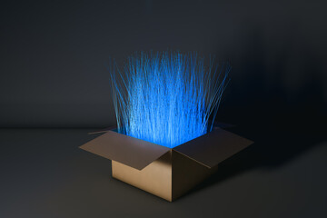 Surprising cardboard box revealing blue light beams and new technology