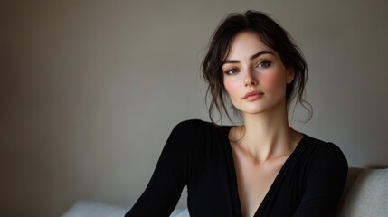 Fototapeta premium A woman in a black top sits in a dimly lit room, gazing thoughtfully with a soft expression