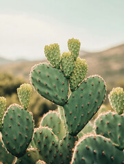 Close-up of prickly pear cactus pads and buds against a blurred mountain backdrop.