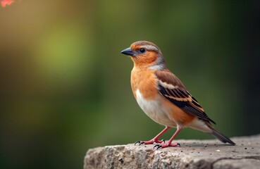 Colorful chaffinch perched on stone outdoors. Bird portrait in nature scene. Avian sitting still. Wildlife photo from spring. Bright colors. European bird. Nature scene. Outdoor shot. Detailed shot.