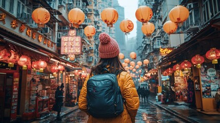 Naklejka premium Woman exploring a vibrant Asian street market decorated with lanterns.