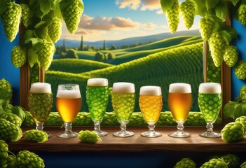 vibrant scenic beer landscape featuring unique glassware surrounded fresh hops under bright natural light, nature, brewing, beverage, outdoor, scenery