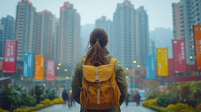 Woman with backpack facing cityscape.