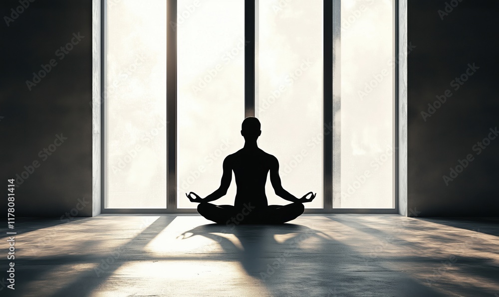 Poster meditation practice in serene environment with natural light streaming through large windows, creati