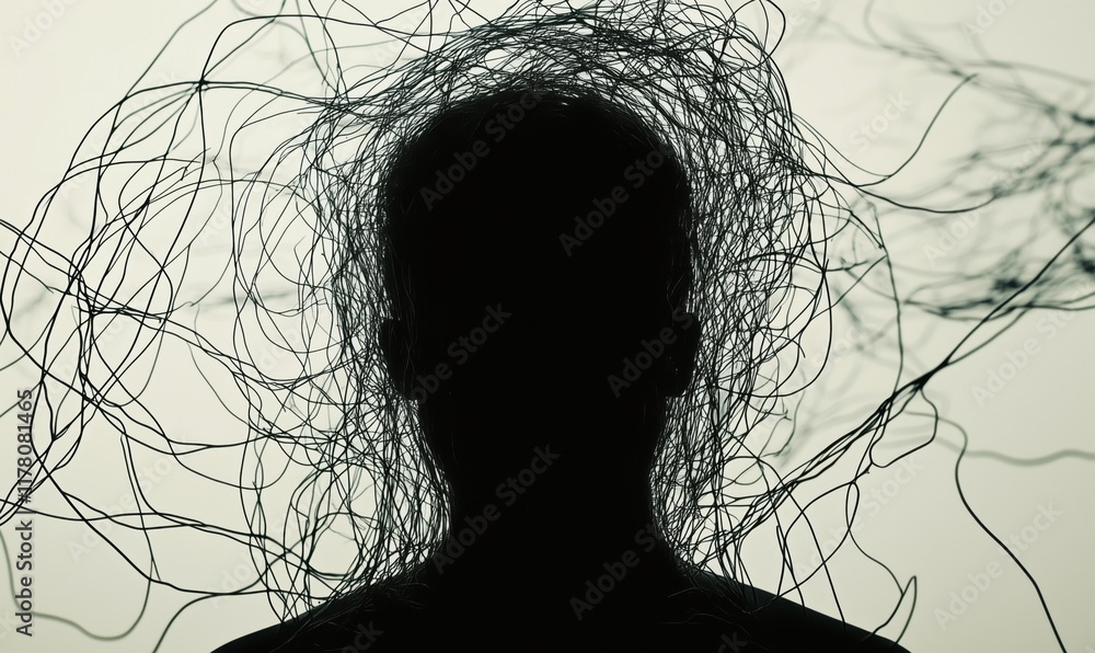 Poster abstract representation of mental chaos with tangled lines emanating from silhouette, symbolizing co