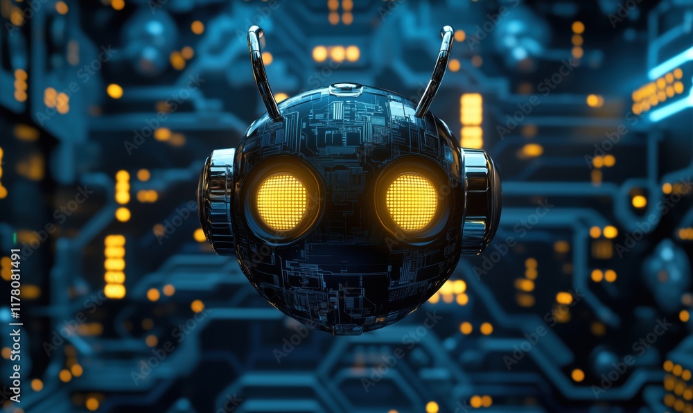 Poster futuristic robot face with glowing eyes, intricate circuit patterns, and digital background, showcas