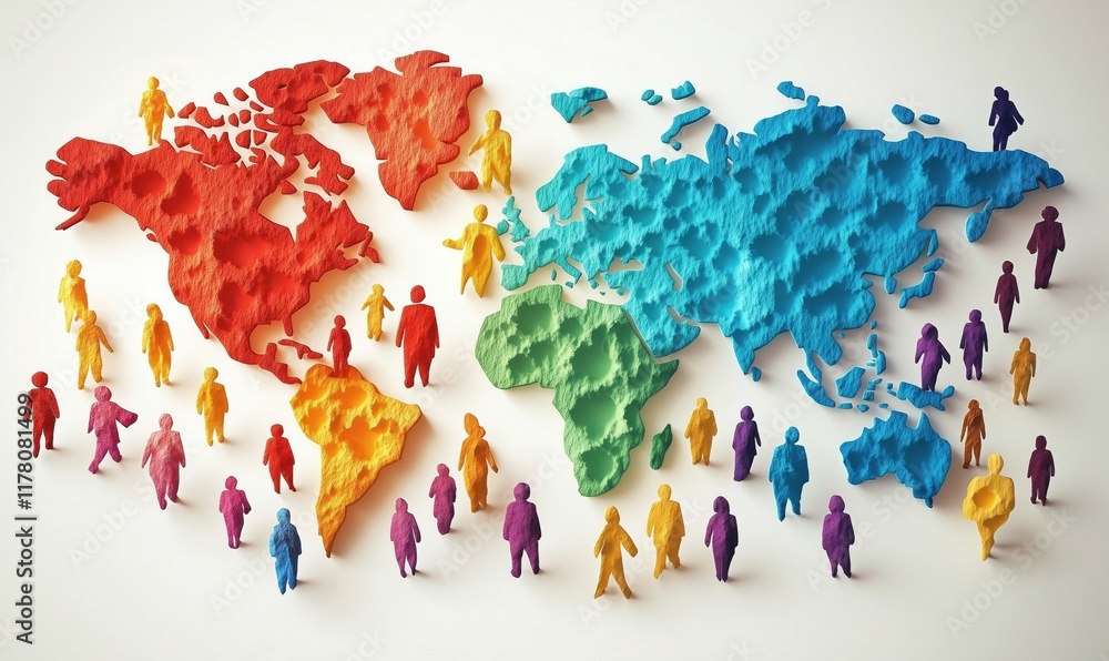Poster colorful 3d world map with diverse people representing global unity and diversity