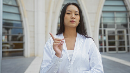 Young chinese woman standing outdoors in an urban city setting, wearing a white shirt, looking confident, and pointing upwards, with modern architecture in the background.