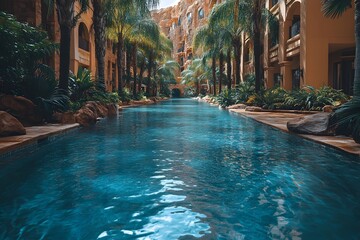 Tropical Oasis in Luxurious Indoor Resort Pool with Palm Trees