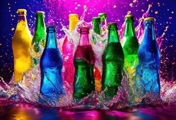 vibrant soda bottles splashing colorful backgrounds eye catching display bright hues dynamic motion, beverage, carbonation, drink, refreshing, liquid, fizzy
