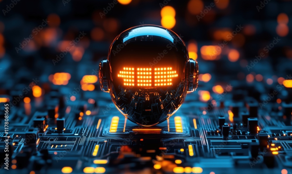 Poster futuristic robotic head with glowing led display on a circuit board background, showcasing advanced 