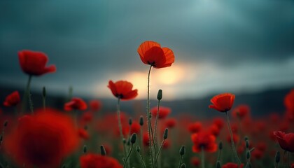 Obraz premium Red poppies stand tall in field under somber cloudy sky. Scene evokes remembrance, honour. Visual peace, respect in nature. Dark sky adds to solemn atmosphere. Beautiful flowers in field. Dramatic