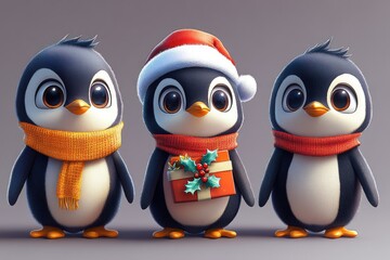 Fototapeta premium Three penguins dressed up in winter attire, perfect for cold weather or holiday scenes