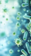 Representation of glowing bacteria and viral particles in blue and green medical visualization. bacteria, disease flu, coronavirus, cold