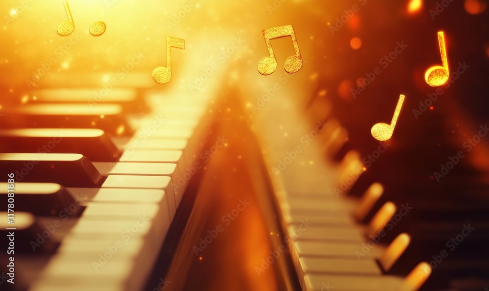 Aufkleber piano keys illuminated by golden light with floating musical notes creating a magical atmosphere of 