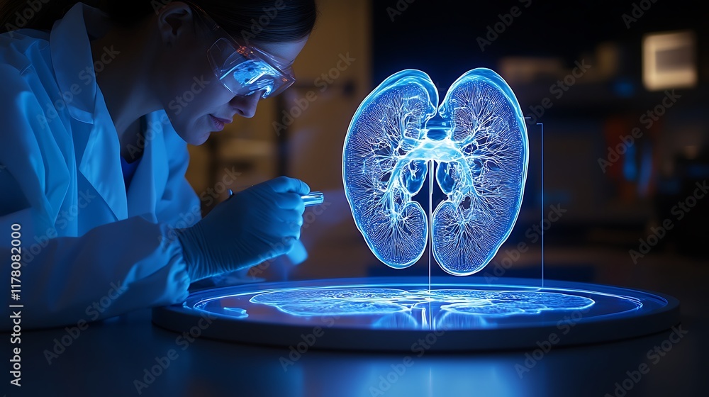 Poster research lab with advanced technology featuring a hologram of a kidney and a team of scientists shar