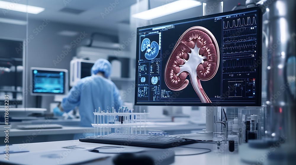 Poster research lab with advanced technology featuring a hologram of a kidney and a team of scientists shar