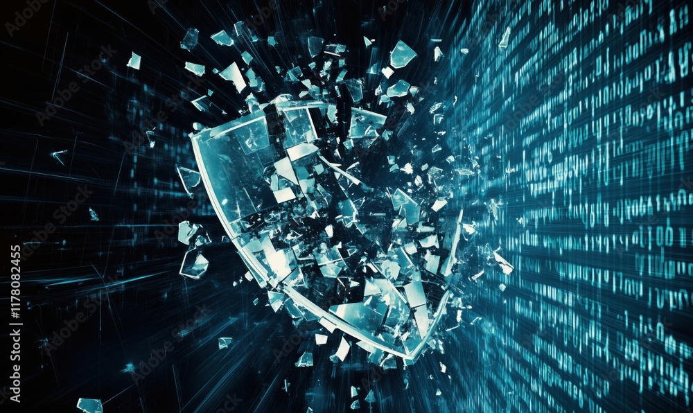 Poster digital shield shattering with binary code background, symbolizing cybersecurity breach and data pro