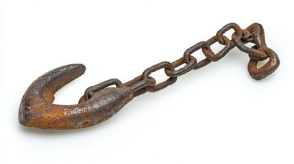 Obraz premium A close-up of a rusted ship anchor chain with a hook on a white background