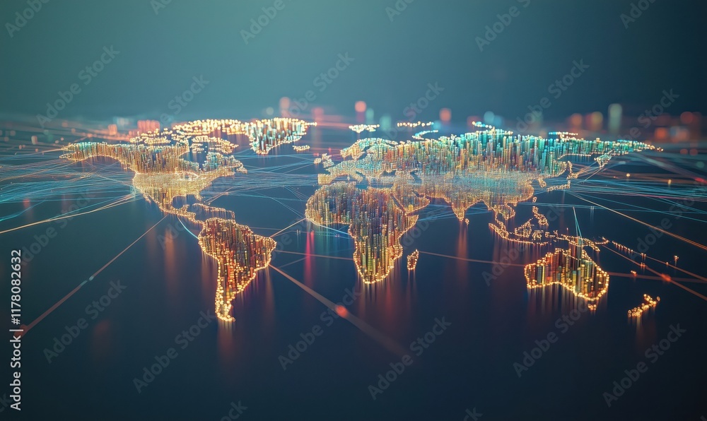 Poster digital world map with illuminated data points and connections representing global network and infor