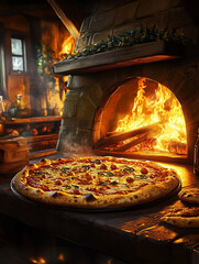 Rustic wood-fired pizza oven with freshly baked pizza.