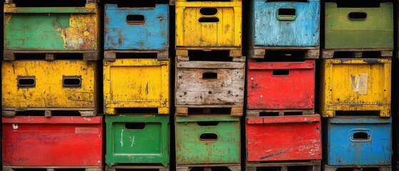 Vibrant shipping crates arranged in a colorful warehouse display
