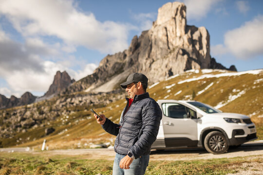 traveler at the Giau Pass of the Dolomites, Italy