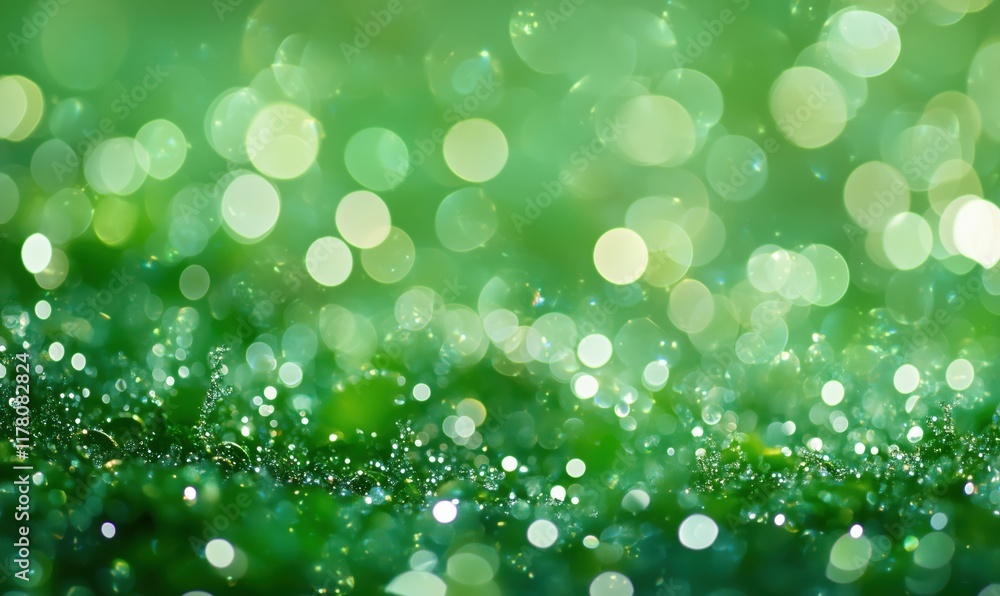 Poster green bokeh background with sparkling dew drops on grass, creating a serene and refreshing atmospher