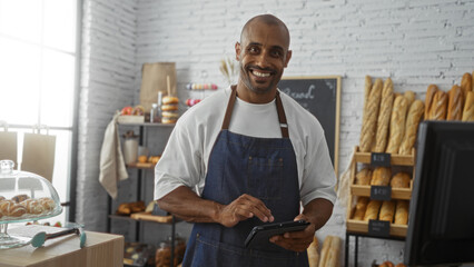 Young, african, man, smiling, indoors, in a bakery, holding a tablet, wearing an apron, standing...
