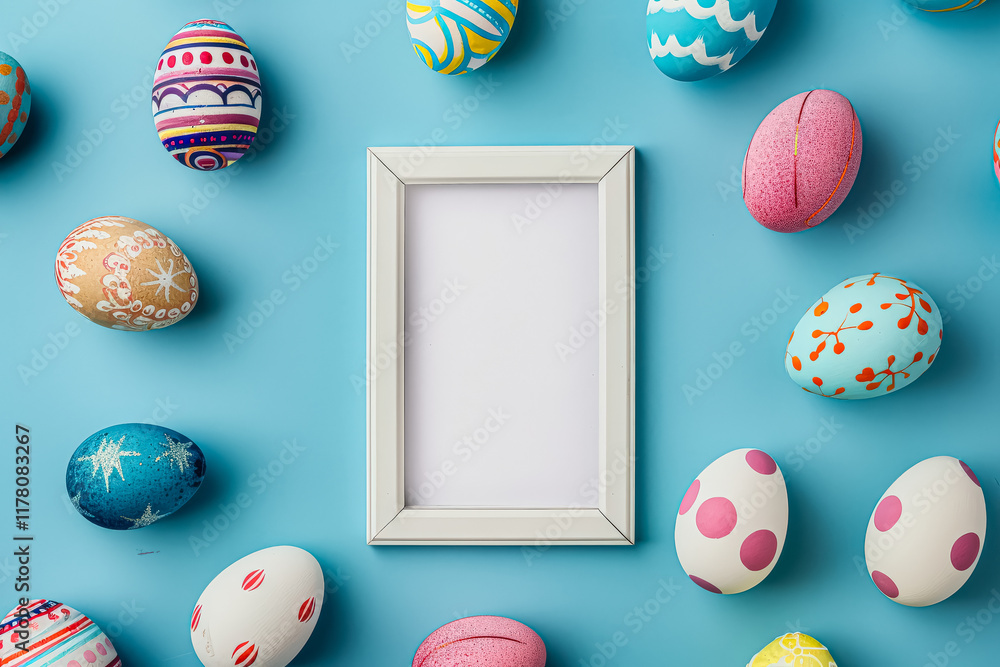 Poster white frame with a white background and a bunch of painted eggs surrounding it.