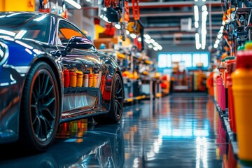 Obraz premium Lively auto body shop featuring colorful paint cans, spraying gear, and a car on a hydraulic lift