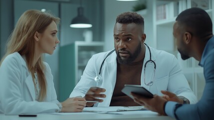 Obraz premium An overweight patient discusses health goals with a diverse healthcare team in a modern clinic setting with bright lighting and medical charts