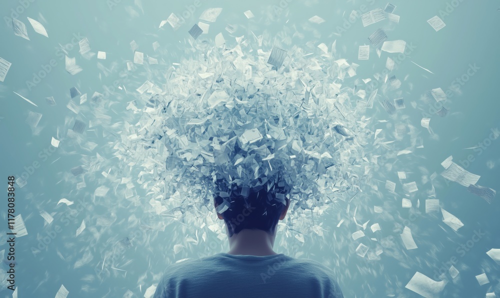 Poster overwhelming thoughts manifested as paper explosion above head, symbolizing mental clutter and infor