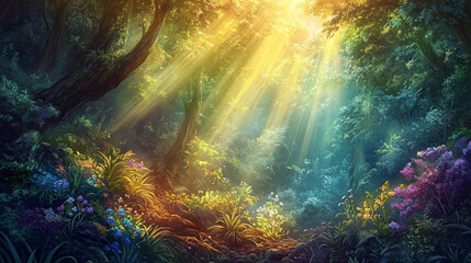 Fototapeta premium A magical atmosphere with rays of sunlight breaking through the dense canopy, illuminating the forest floor.