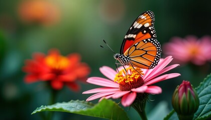 Beautiful butterfly rests on vibrant pink flower. Colorful flowers, leaves create natural garden setting. Close-up macro photo captures details of butterfly wings, flower structure. Nature scene in