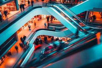 Vibrant shopping mall scene with escalators connecting levels and shoppers exploring diverse stores