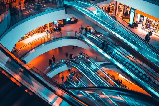 A vibrant shopping mall scene featuring escalators and diverse retail options for shoppers
