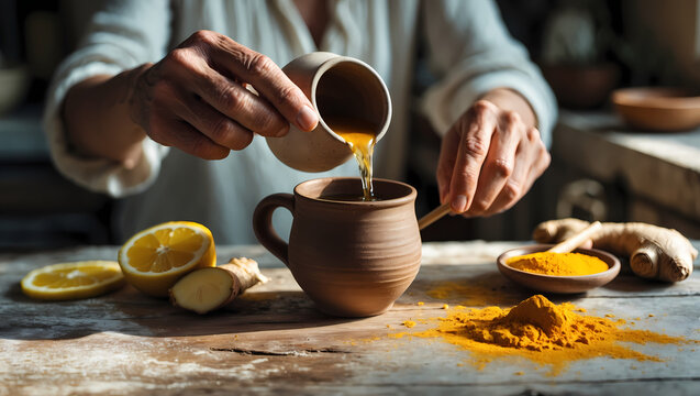 Weathered hands pour lemon water into a clay mug, framed by vibrant turmeric, ginger slices, and golden honey drizzle.