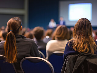 Audience engaged at a conference with speakers presenting on stage