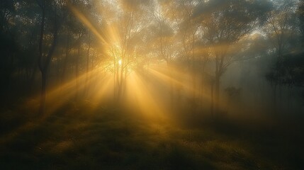 Obraz premium Golden Sunrise Rays Illuminate Foggy Forest Floor
