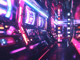 Colorful slot machines line the aisles of a casino, their screens illuminated with dynamic graphics and flashing lights. Guests are engaged in gaming activities late at night.