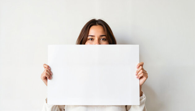 Woman holding blank white sign against light background